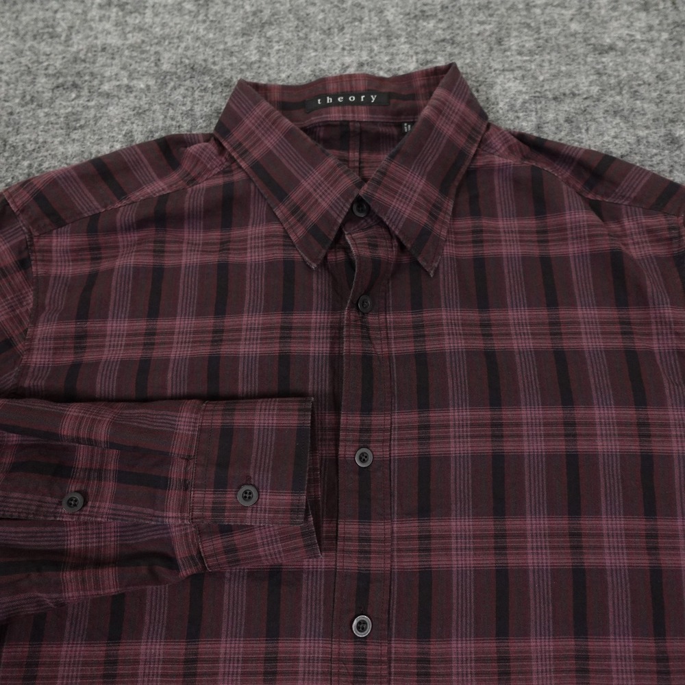 Theory Shirt Mens‎ Large Burgundy Black Plaid Button Up Sebastian NY Platoon